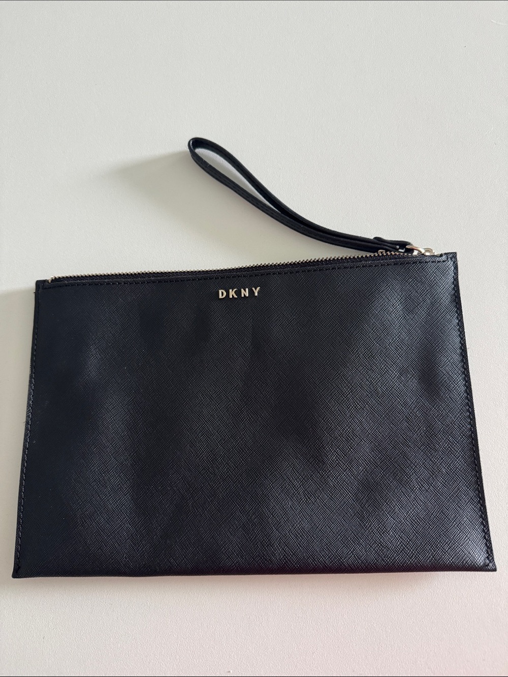DKNY Black Leather Wristlet Pouch with Gold Logo NWOT